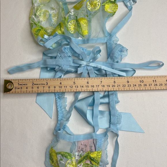 Victoria Secret Lingerie Teddy OnePiece Bodysuit Blue Yellow Floral Lemons Sheer - Picture 11 of 16